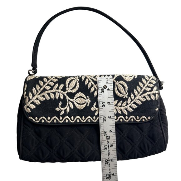 Vera Bradley Black Quilted Embroidered Floral Handbag With Strap & Snap Closure - Picture 6 of 8